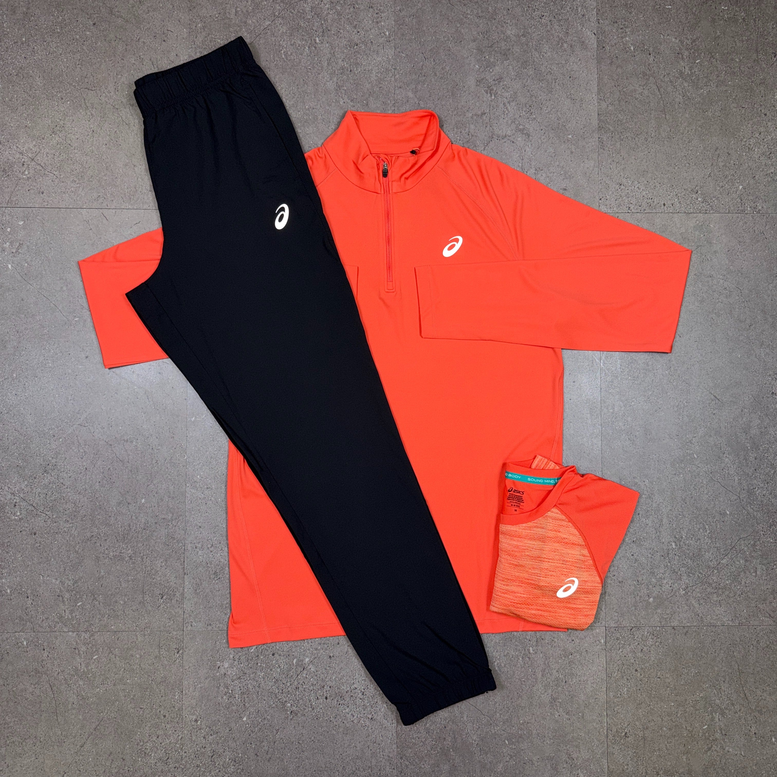Asics 3 Piece Half Zip Tracksuit Set Coral/Black