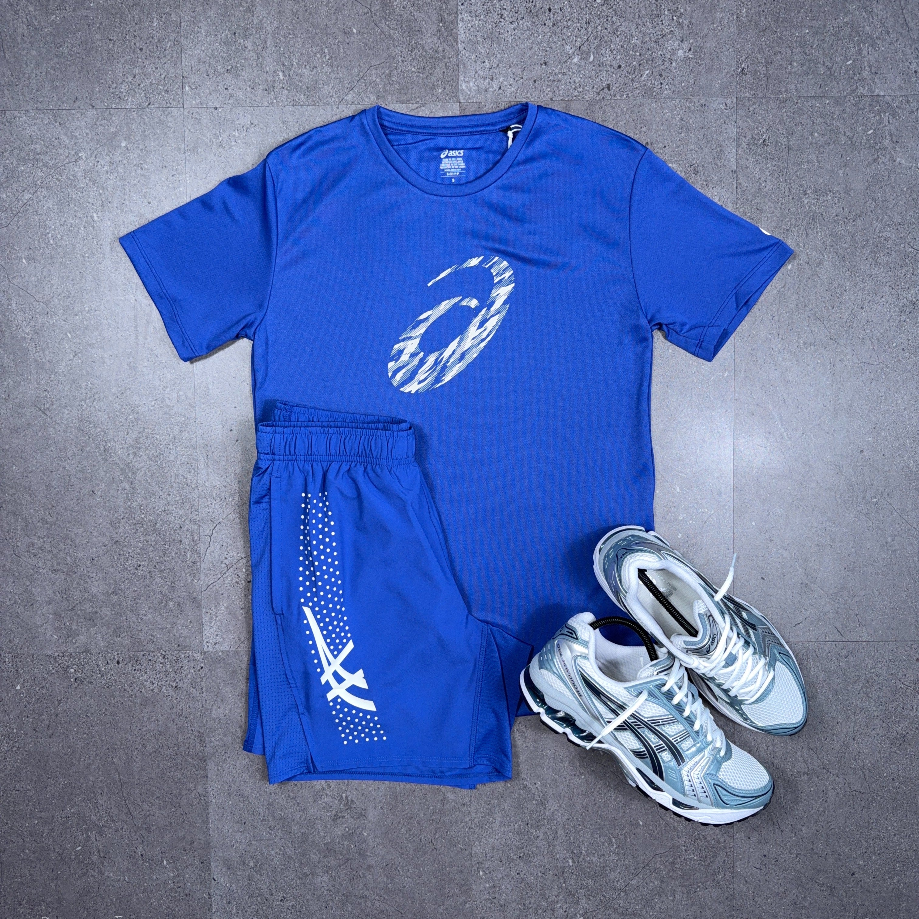 Asics GPX T-Shirt/Shorts Set Dark Cobalt and Asics Gel Kayano 14 Grey Fjord