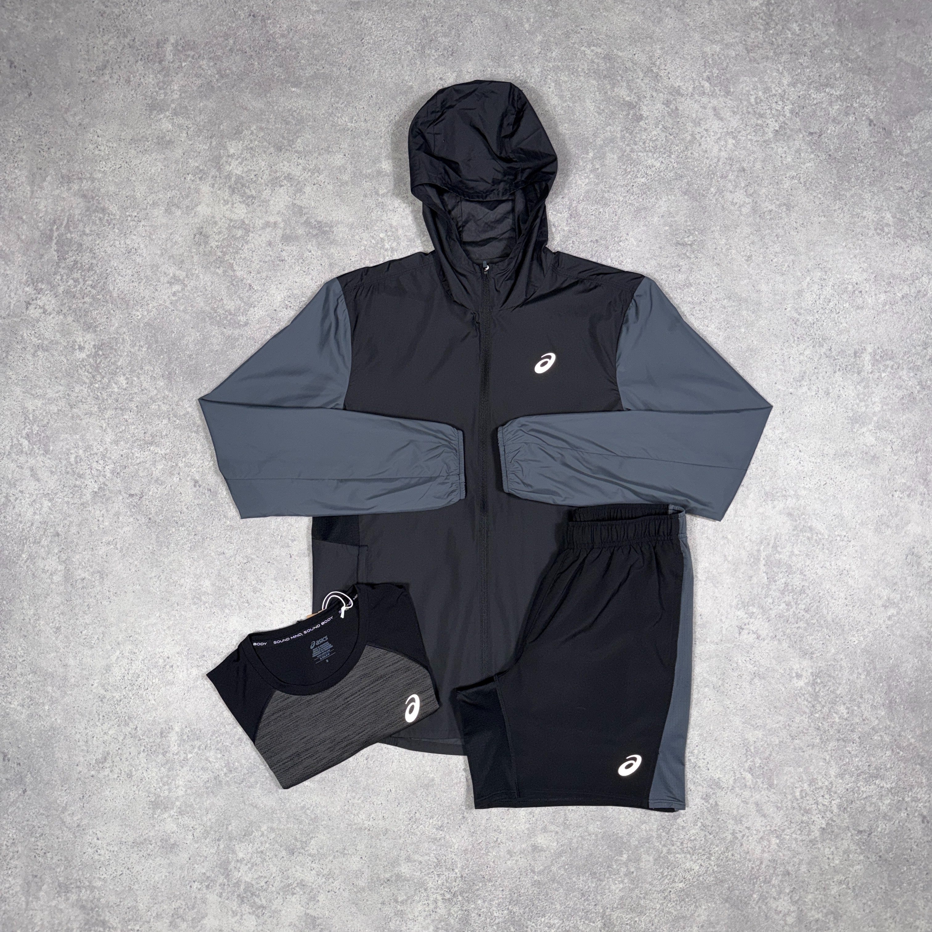 Asics Core/Road 3 Piece Windrunner/Shorts Set Two-Tone Black/Grey