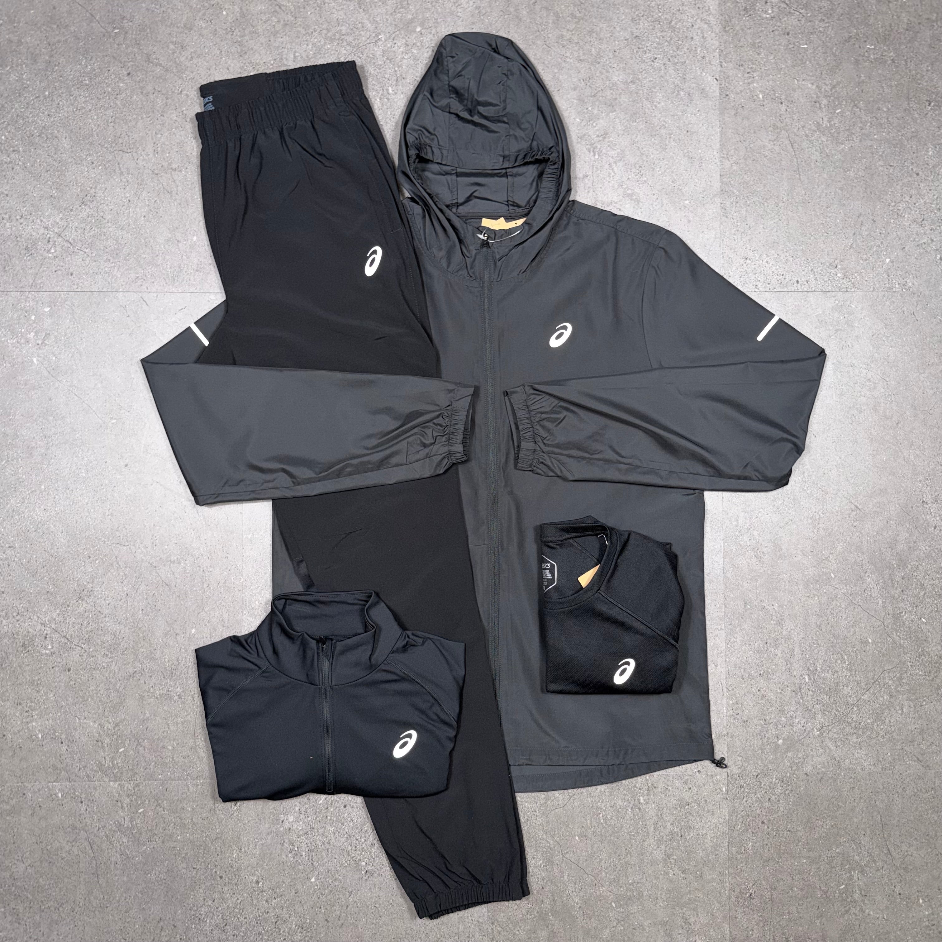 Asics 4 Piece Tracksuit Set Jacket/Half Zip/T-Shirt/Bottoms Black