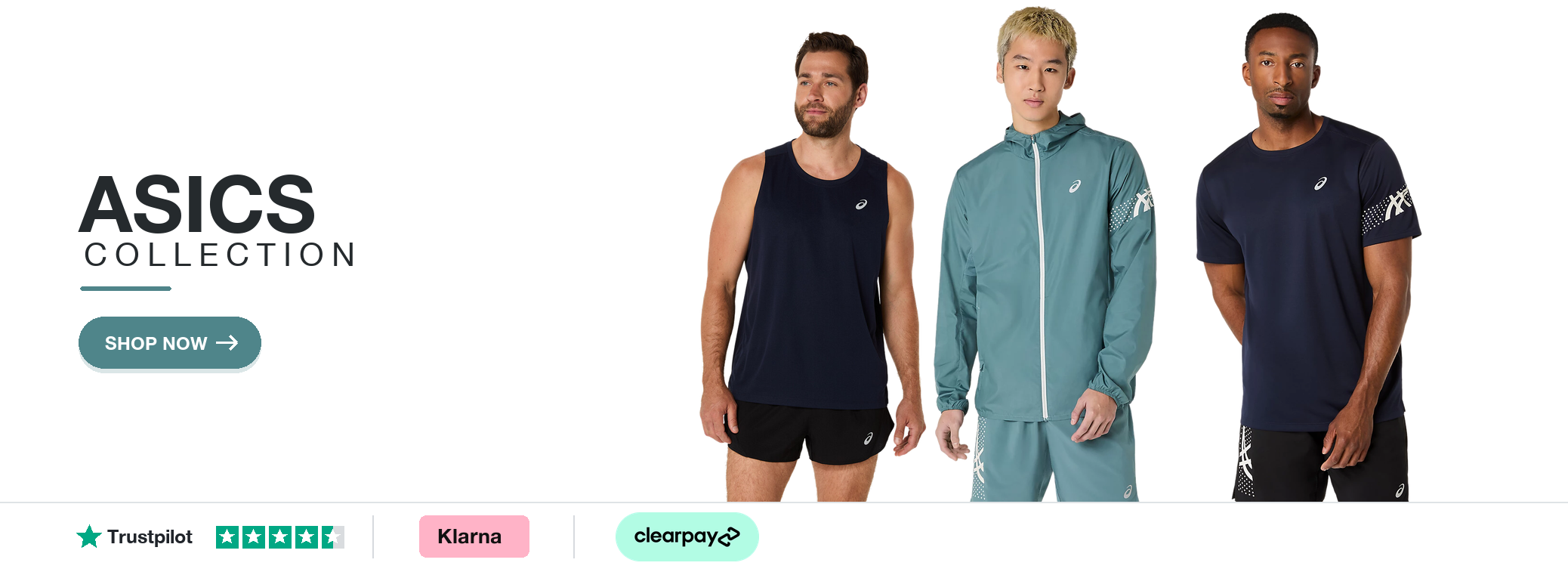 ASICS Collection banner featuring three sportswear models with Trustpilot, Klarna and Clearpay payment marks
