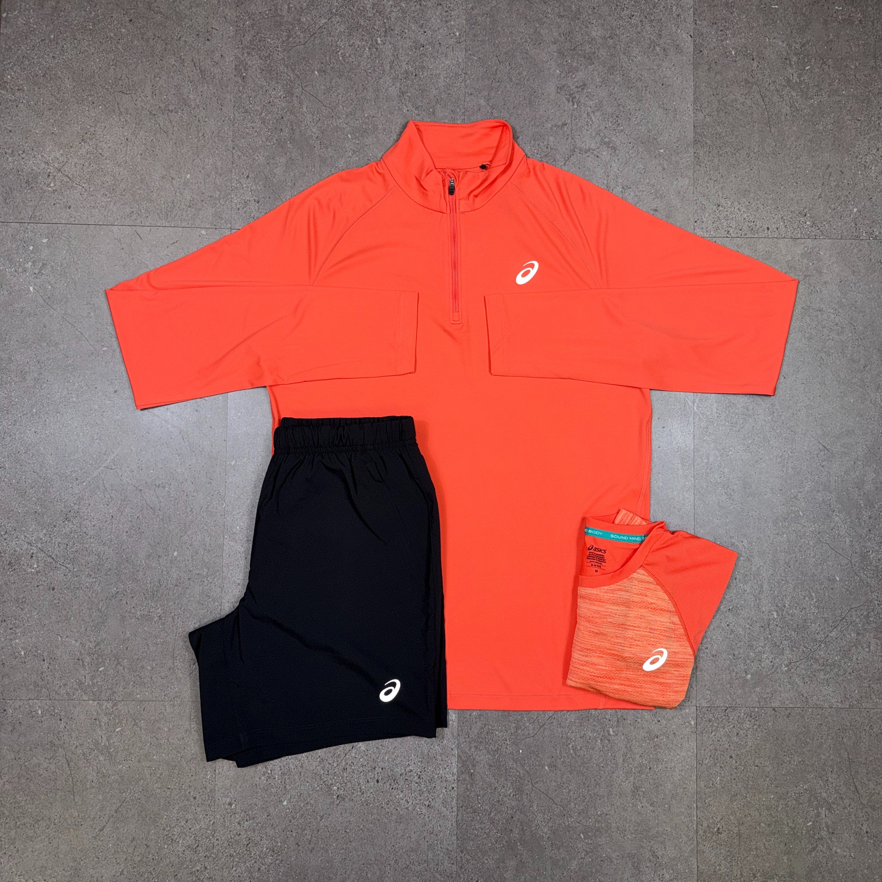 Asics 3 Piece Half Zip Short Set Coral/Black