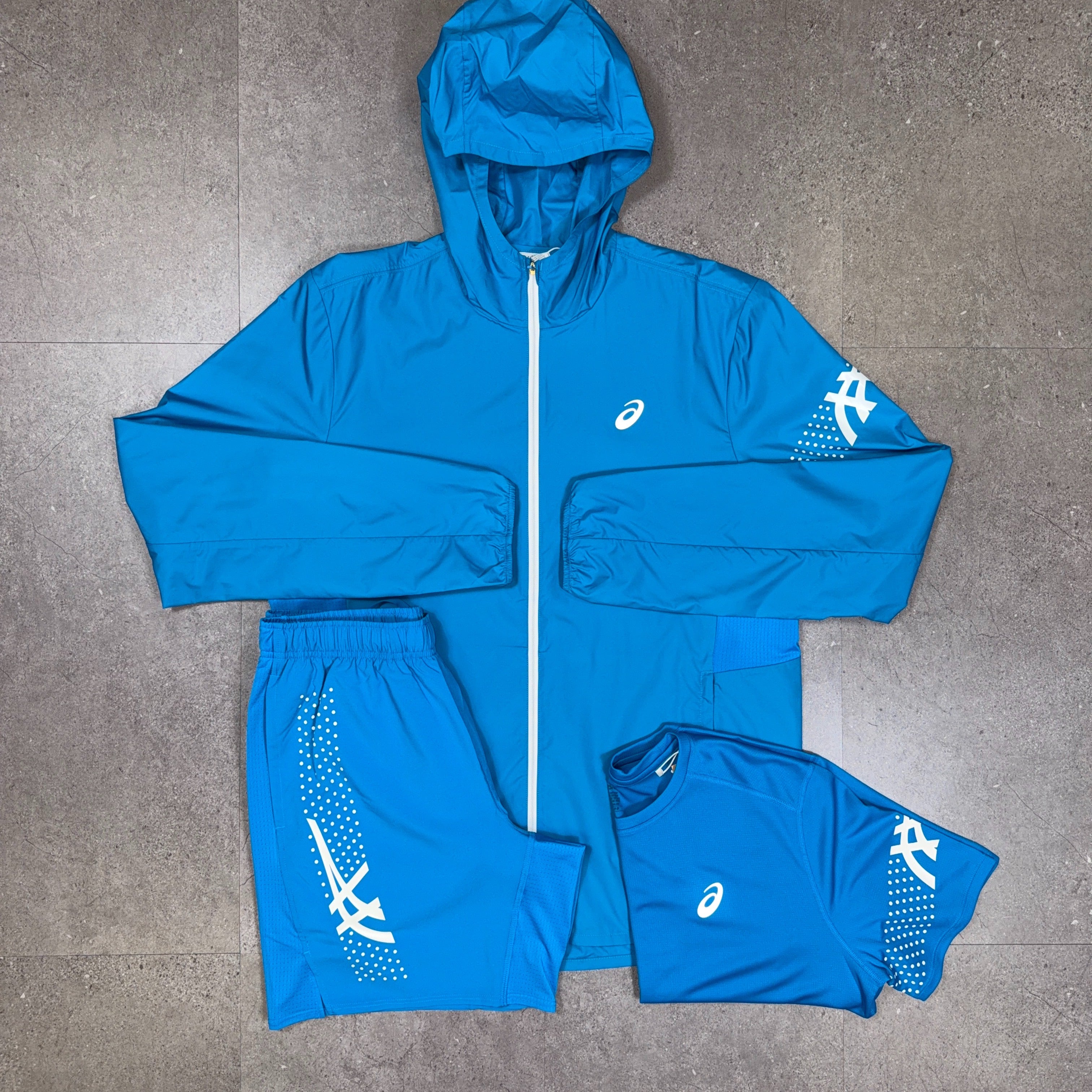 Asics Icon 3 Piece Windrunner/Shorts Set Aegean Blue/White