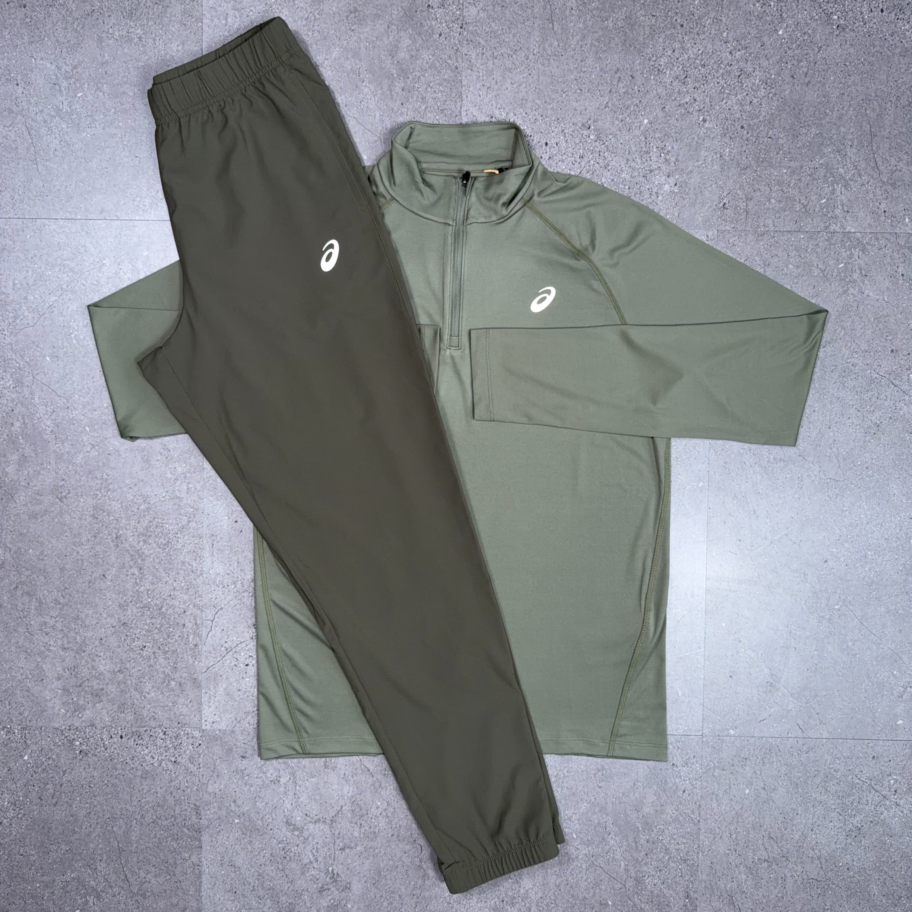 Asics Sport Half Zip Tracksuit Set Mantle Green/Brown Stone