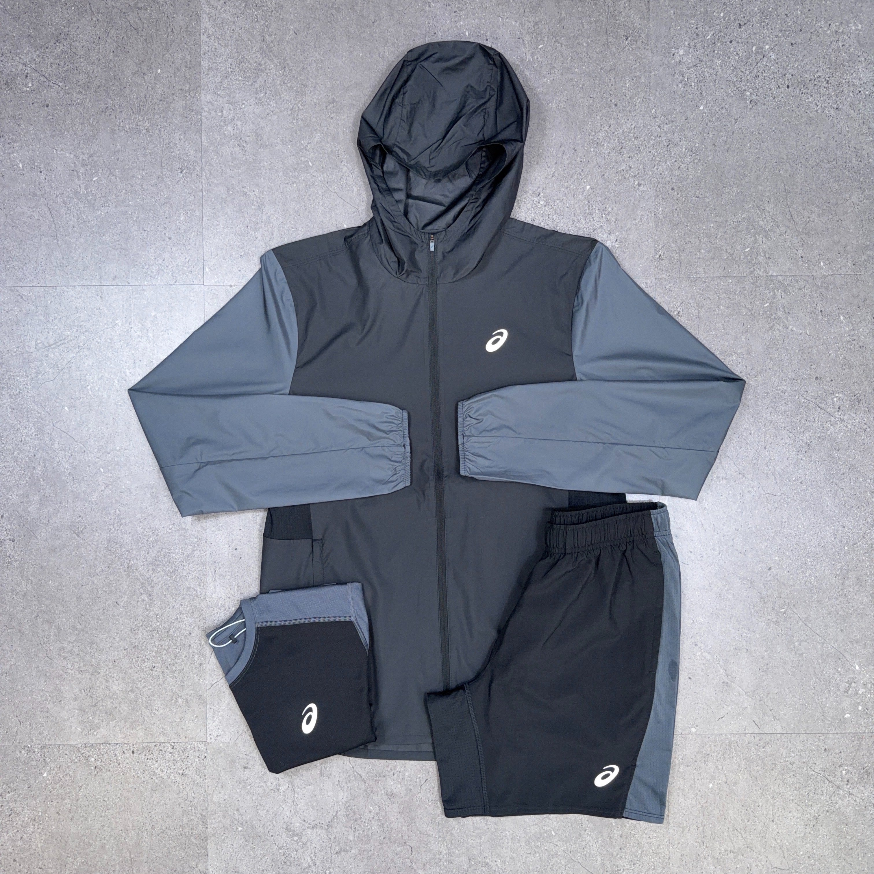 Asics Core Two Tone 3 Piece Windrunner/Shorts Set Black/Grey
