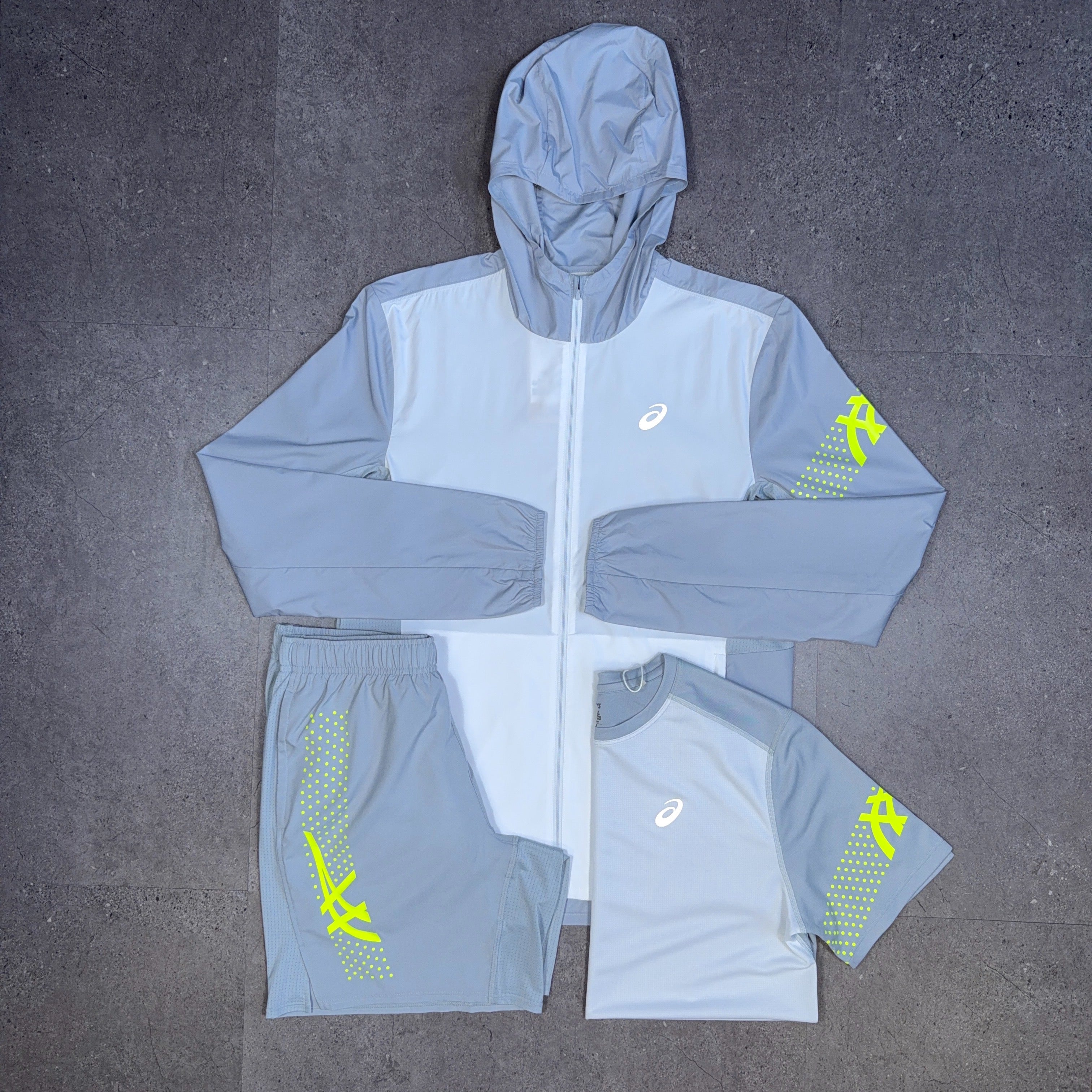 Asics Icon 3 Piece Windrunner/Shorts Set White/Grey/Neon