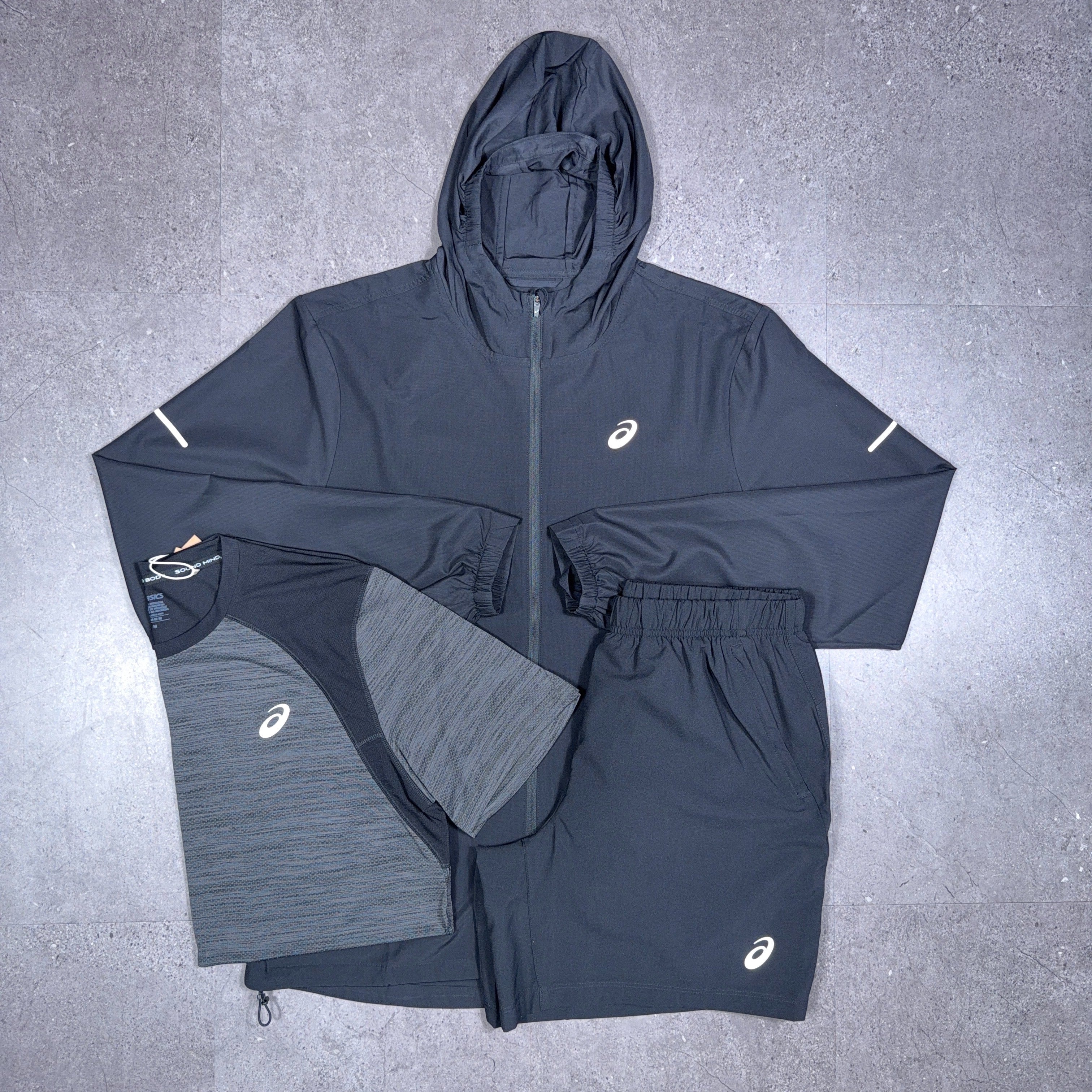 Asics Sport Run/Road 3 Piece Windrunner/Shorts Set Black