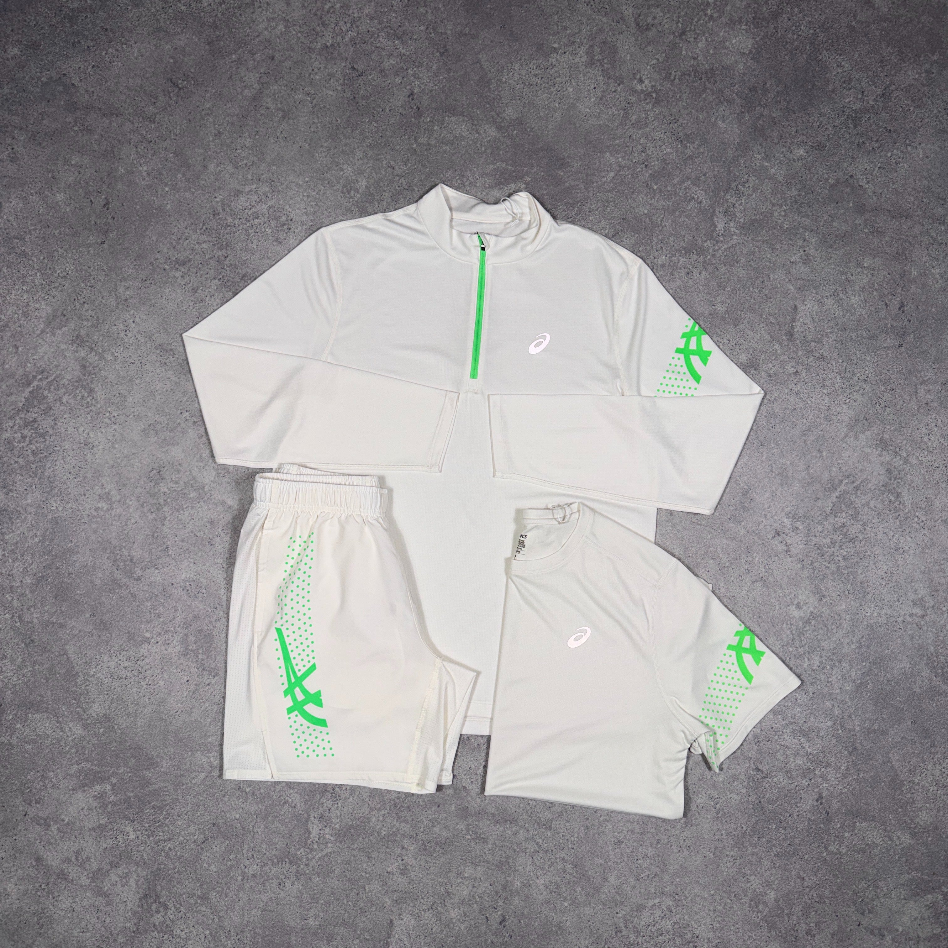 Asics Icon 3 Piece Half Zip/Shorts Set Cream/Vital Green